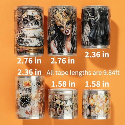 Retro Party PET Stickers washi Tape 6 Rolls, 453 pre-Cut Stickers for Scrapbooking, journaling, Card Making, Balloons, Cakes, Gentleman, Lady Patterns