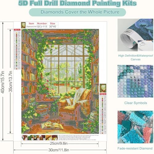 Accompany Wind Books Diamond Art Kits for Adults,5D Bookshelf Diamond Painting Kits for Beginners,DIY Round Full Drill Diamonds Gem Art Crafts for Home Wall Decor Gifts 12x16 Inch