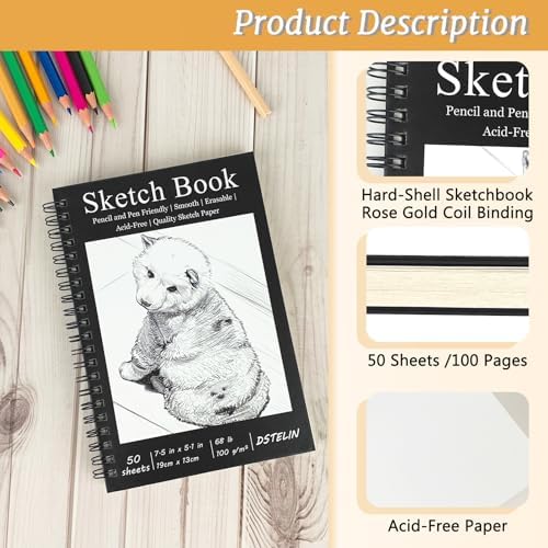DSTELIN 2 Pack 7.5 x 5.1 Inch Spiral Bound Sketch Pad, Black Cover, 50 Sheets,100gsm, Hardcover, Suitable for Sketching and Drawing, Ideal for Daily Art Creation