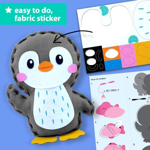 KRAFUN Beginner Sewing Kit, Sew Penguin & Fish, Pre-Cut Felt, Kids Ages 5+