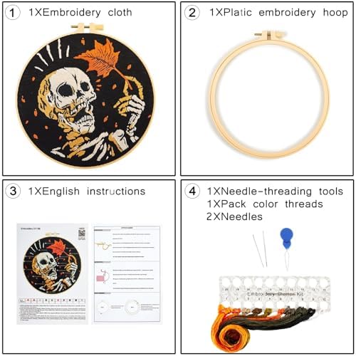 Crafmanoe Halloween Gothic Embroidery Starter Kit for Beginners Adults, Skull Skeleton Stamped Cross Stitch Kits for Beginners Adults, Funny Fall Hand Embroidery Needlepoint Kits with Video Tutorial