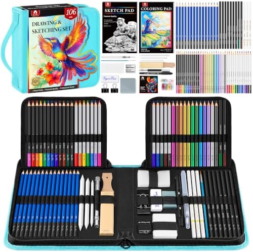 106 PCS Art Supplies Sketching Kit, Pro Drawing Pencils Art Kit Adults Gift