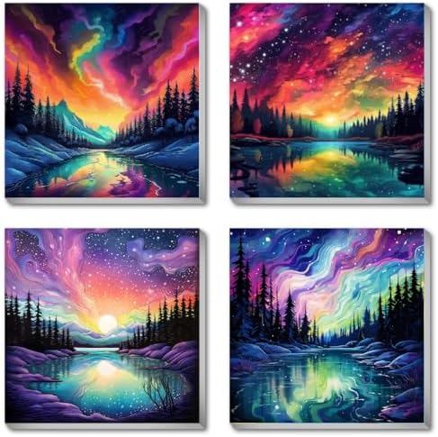 FQOVKYN 4 Pack Landscape Paint by Number for Adults Framed Canvas, DIY Aurora Arts and Crafts for Adults Beginner with Paint Brushes, Acrylic Paint Set for Home Wall Decor, 8 * 8 Inch