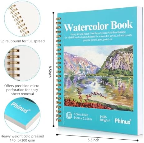 Phinus 30 Sheets Watercolor Sketchbook 5.5 x 8.5 Inch, Watercolor Paper Cold Press (140lb/300gsm), Spiral Bound Water Color Pad for Adults Kids, Mixed Media, Markers and Art Journaling