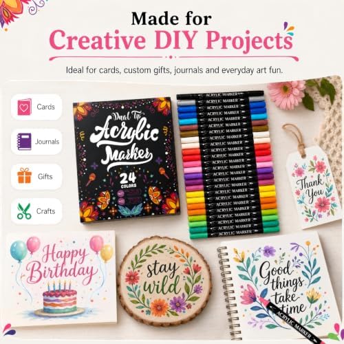 24 Colors Acrylic Paint Markers, Dual Tip Paint Markers with Fine & Brush Tip, Acrylic Paint Pens for Fabric, Rock Painting, Wood, Canvas, Adults Coloring Books, Ceramic, Glass, DIY Crafts