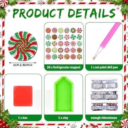 Motipuns 30 Pcs Diamond Magnets,Christmas Candy Cane,Red Green Stripes