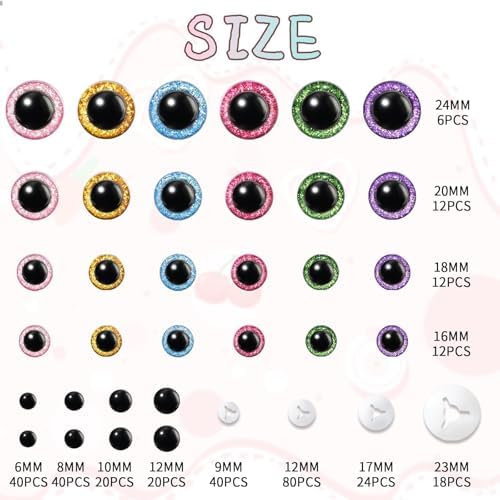MUCUNNIA 324 Pcs 6-24mm Glitter Safety Eyes Safety Eyes with Washers