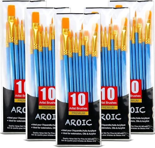 Acrylic Paint Brush Set, 5 Packs / 50 pcs Nylon Hair Brushes | All Purpose Oil Watercolor Painting Artist Professional Kits