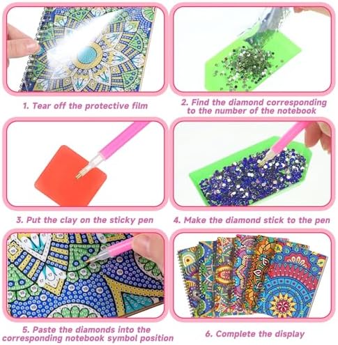 Fullhawl 6 Pack 5D DIY Diamond Art Crafts Kit for Adults Office Supplies Beginner A5 Leather Diamond Painting Gift for Women Art Cover Craft Accessories with Tool (Mandala)