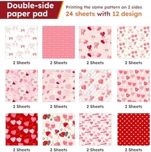 Pink Hearts Scrapbook Paper Pad - 24 Sheets 12in Valentine Sweet Decorative Patterns Designed Collage Material for Journals Folded Cardstock DIY Crafts Origami Gift Wrapping Supplies