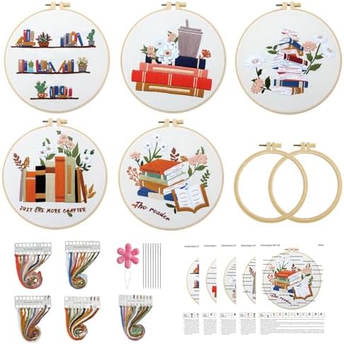CMINAUS 5 Sets Embroidery Kit for Beginners Adults Book Lover, Embroidery Starter Kit Book Pattern Hand Crewel Needlepoint Cross Stitch Kits Includes 2 Hoops Colored Threads Needles