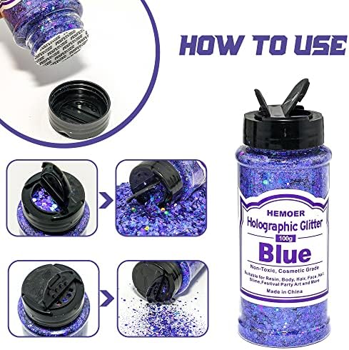 HEMOER Blue Glitter, 100g/3.5oz Holographic Chunky Glitter Mixed Hexagon Chunky & Fine Flakes Iridescent Sequins for Epoxy Crafts, Resin, Nail Body, Tumblers, Party Decoration