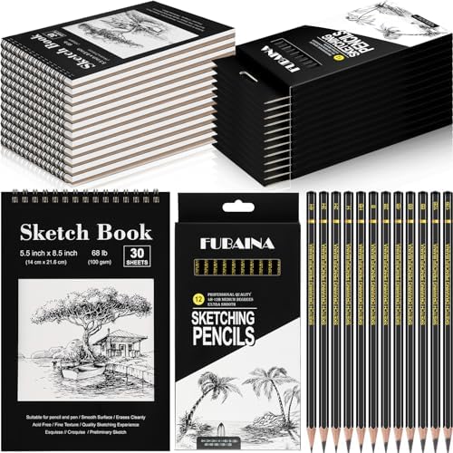Humyoun 36 Pcs Top Spiral Bound Sketch Pad with Drawing Pencils Set, 5.5 x 8.5 Inch Sketchbook, 68lb(100gsm) Thick Paper, Charcoal & Graphite Pencils (12B-4H) for Shading, Artists & Beginners