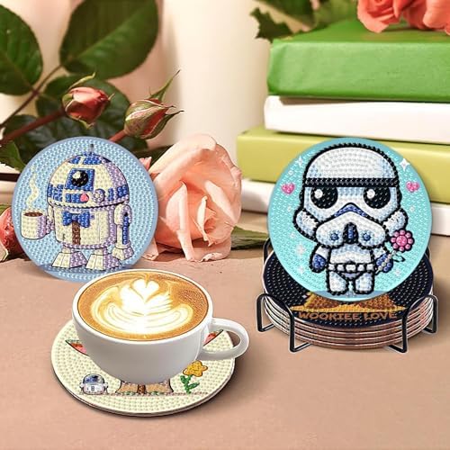 nekpiahu 8 PCS Cartoon Diamond Art Coasters Kits, Diamond Painting Coasters with Holder, DIY Cartoon Life Coaster Diamond Art Kits for Adults, Beginners Round Full Drill Diamond Art Craft Supplies