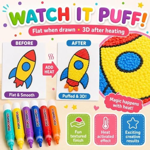 New 2027 Popcorn Pens, 6/12 Colors 3D Bubble Drawing Pen, Heat Activated Puff Paint Raised Texture Craft Tool for DIY Artwork, Greeting Cards, Scrapbooking & Kids' Projects., 6PCS-2 Box