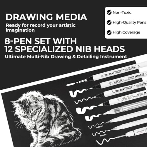 8 Pack White Acrylic Ink Pens for Drawing, Fine Point White Gel Pens, Brush Tip Markers，Dual-Tip Opaque Acrylic Markers for Highlighting Drawing, Sketching, Illustration, Card Making