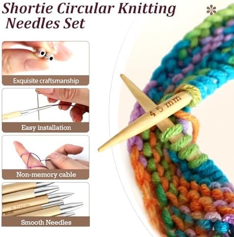 Yarniss 10 Size Shortie Circular Knitting Needles Set with Cable 3.25~6.5mm