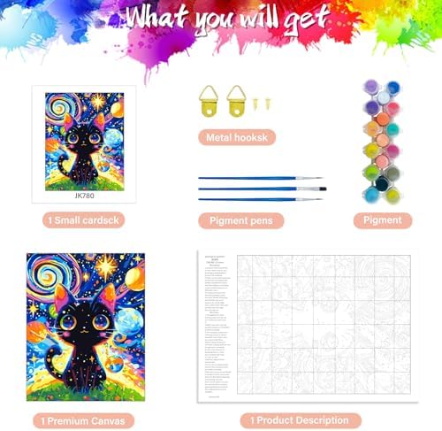 Yunnuo Paint by Numbers Kit for Adults Cat,Adult Paint by Number Kits on Canvas,Painting by Numbers for Beginners Black Cat and Starry Night,DIY Oil Painting Kit for Home Wall Decor Gift (16x20 Inch)