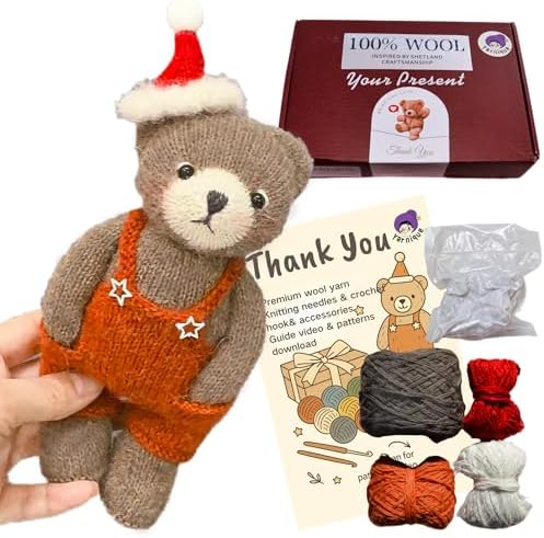 Yarnique Wool Bear Knitting Kit – Real Wool Amigurumi Kit for Adults with Video Tutorials | DIY Bear Crochet & Knitting Kit with Tools | Holiday Gift Craft Set（Overall