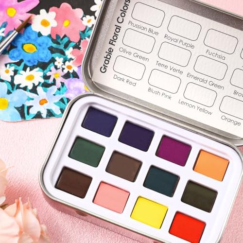 Grabie 12 Color Travel Watercolor Paint Set, Pocket Palette, Floral