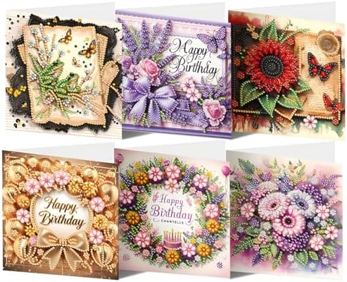 ACSAUMMY DIY Diamond Birthday Greeting Cards Art Kits with Envelopes 6pcs Flower Diamond Painting Kits 5D Gem Art Blank Birthday Diamond Painting Greeting Cards Assortment for Family Friends Colleague