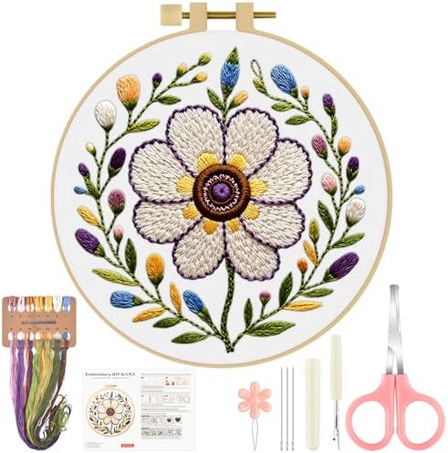 ERKOON Embroidery Kit for Beginners Adult, Cross Stitch Set Include Embroidery Cloth Hoop Threads for Craft Lover Hand Stitch with Embroidery Skill Techniques (Flower)