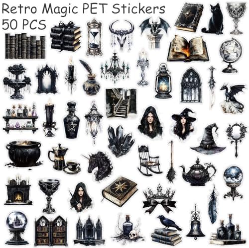 50pcs PET Vinyl Stickers Scrapbook, Self-Adhesive Waterproof Vinyl Sticker for Laptops, Aesthetic Decor Journal Stickers Planner Accessories for Luggage, Water Bottles.Black Magic