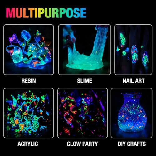 Glow in The Dark Powder 12 Colors Epoxy Resin Dye Luminous Pigment Powder Safe Long Lasting for Fine Art, DIY Nail Art, Epoxy Resin Colorant, DIY Crafts and Theme Party, 0.7oz Each
