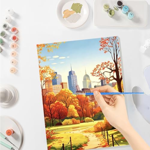 SENQAO Park Paint by Numbers Kit for Adults Beginner, Fall City Park Adult Paint by Number Kits on Canvas, DIY Acrylic Oil Easy Painting by Numbers for Home Wall Decor 8X12 inch