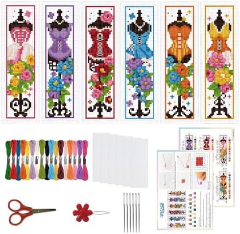 ORIGACH 6 Set Mannequin with Flowers Cross Stitch Bookmark Kit for Beginner