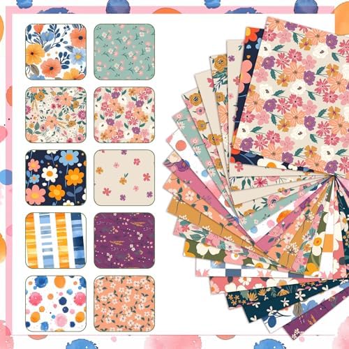 HunnmingRe 20 Pcs 10''x10'' Vintage Floral Quilting Fabric Square Meadow Flower Precuts Quiltted Fabric Retro Wildflower Plaid Printed Patchwork Strips for Spring Holiday DIY Material Sewing Craft