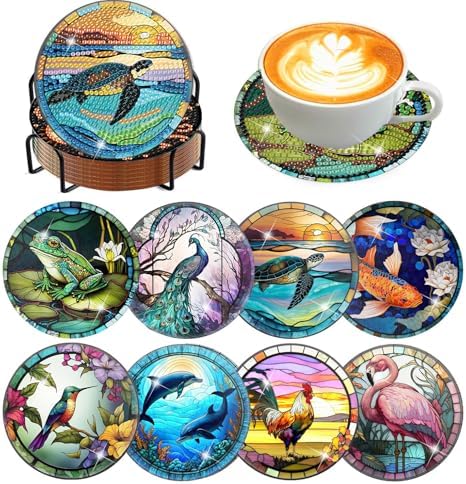 Meothan 8 Pcs Animals Diamond Art Coasters Kit for Adults with Holder 4x4in