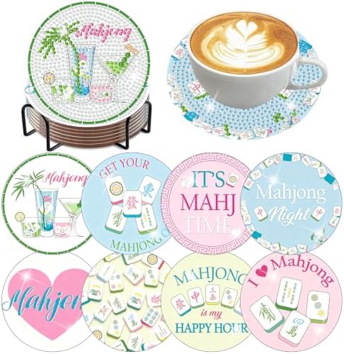 8 Pack Mahjong Diamond Art Coasters Kit for with Holder & Cork Backing