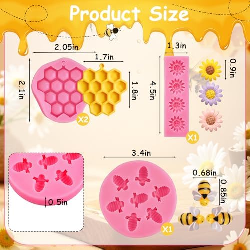 Bumble Bee Silicone Mold 4Pcs Honeycomb Sunflower Fondant Molds Beehive Candy Molds Honeybee Chocolate Mold for Chocolate Fondant Candy Cookies Cupcake Cake Sugar Dessert Ice Cube Soap Candle