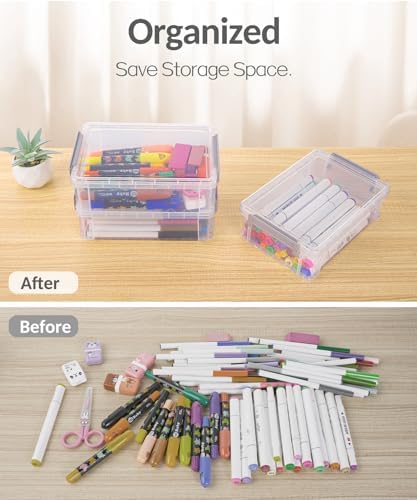 Sooez 6 Pack Extra Large Pencil Box, Plastic Pencil Case Crayon Box | Clear Marker Organizer Plastic Containers with Lid, Stackable Storage Boxes for Art Craft,Back to School Supplies, Blue
