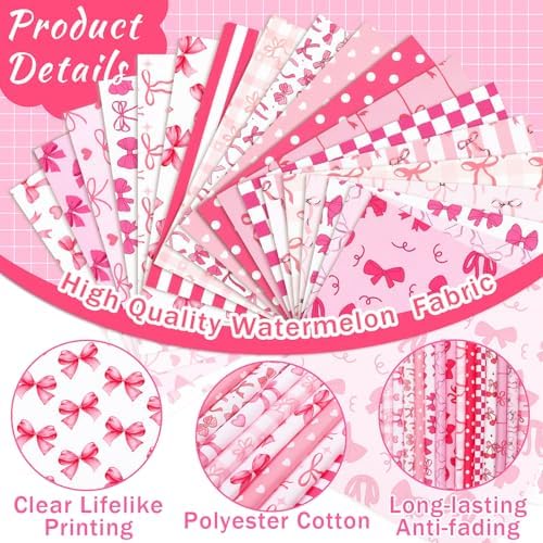 HunnmingRe 20 Pcs 10''x10'' Coquette Pink Bow Quilting Fabric Squares
