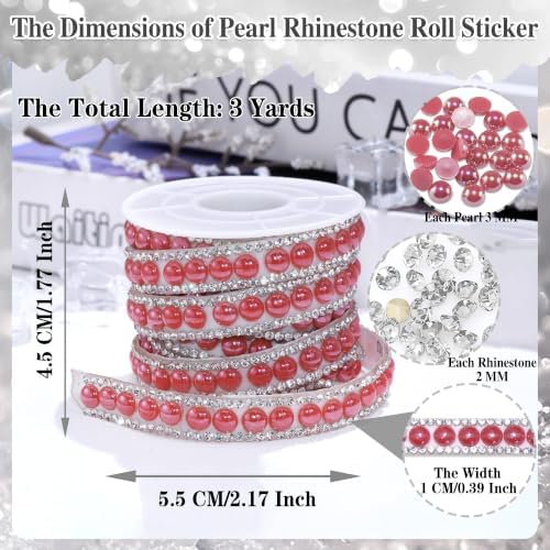 3 Yards Pearl Rhinestone Roll Sticker Red Pearl Wrap Self Adhesive