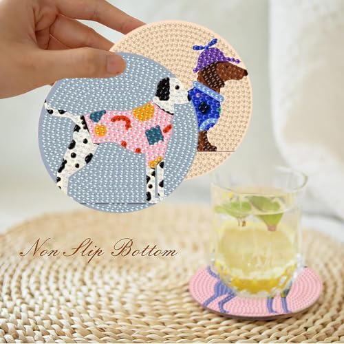 8PCS Dog Diamond Art Coasters Kits, Diamond Painting Coasters with Holder Set of 8, DIY Simple Gem Coaster Art Crafts Supplies for Adults, 4x4 in