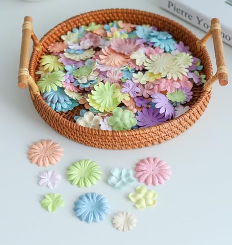 100 Pcs Handmade Mixed Mulberry Paper Flowers 18 mm - 1.5 Inch Scrapbooking Wedding DIY Craft Supplies Card (Pastels Tone)
