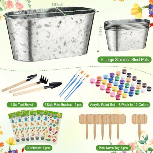 6 Sets Flower Pot Painting Kit DIY 6 Large Metal Iron Plant Pots Acrylic Paint Stickers Brushes Plant Labels Gardening Tool Kit for Planting Crafts Mother's Day Graduation Creative Gift