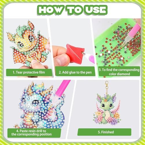 Masendp 8 Pieces Diamond Painting Keychain Cartoon Style Diamond Art Jewelry Double Sided 5D Diamond Painting Kit for Beginners Adult DIY Art Craft Gift Home Decor (Dragon)
