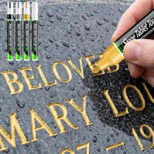 Tombstone Marker Pens Weatherproof Quick-Dry Oil-Based Fine Tip for Restoring Faded Inscriptions on Grave Stones Granite Surfaces (4Color Hard pen tip)