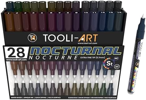 28 Dark Nocturnal Colors Acrylic Paint Pens Studio Color Series Markers Set 0.7mm Extra Fine Tip, Rock Painting, Glass, Mugs, Wood, Metal, Canvas, DIY, Detailing. Non Toxic, Waterbased, Quick Drying