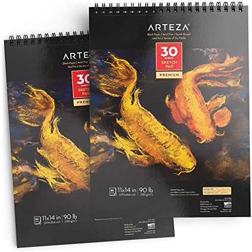 ARTEZA Spiral Sketch Book 11x14 Black Art Paper Drawing Pad 2 Pack 30 Sheets Sketch Pads for Drawing