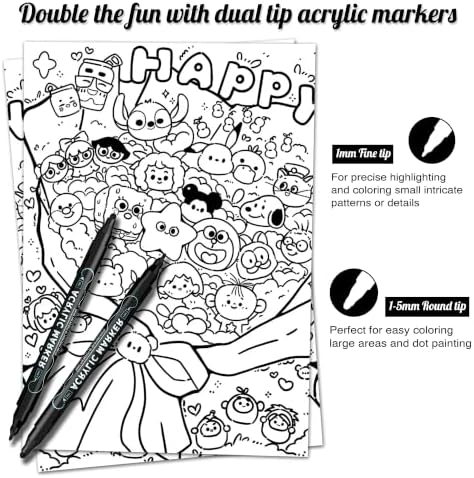 nauets 6 Black Dual Tip Acrylic Paint Markers Pens - Dot & Fine