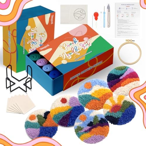 yuegool 6PCS Landscapes Punch Needle Coasters Kit,Easy DIY Punch Needle Embroidery Kit for Beginners Adults Kids Including Patterns, Tools, Yarns, Hoop, Instruction, Coaster Holder Art Craft Supplies