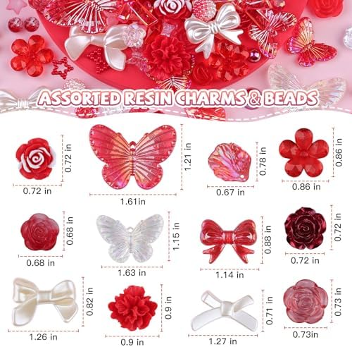 350 Pieces 3D Resin ABS Colorful Rose Flower Bows Butterfly Charms with Flatback Half Round Pearl Beads for Bracelet Earring Necklace Craft DIY Making Supplies
