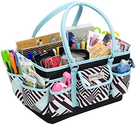 Everything Mary Teal Geometric Deluxe Store and Tote - Storage Organizer Bag for Crafts, Sewing, Paper, Art, Desk, Canvas, Supplies Storage Organization - Travel Art Box with Handle