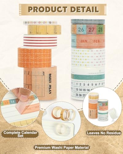 EORTA 10 Rolls Retro Calendar Washi Tapes, 5 Sizes Self-Adhesive Decorative Sticker for Daily Weekly Monthly Planner, Scrapbook, Journal & Bible Journaling, Dotted/Striped Craft Gift Wrap Tape
