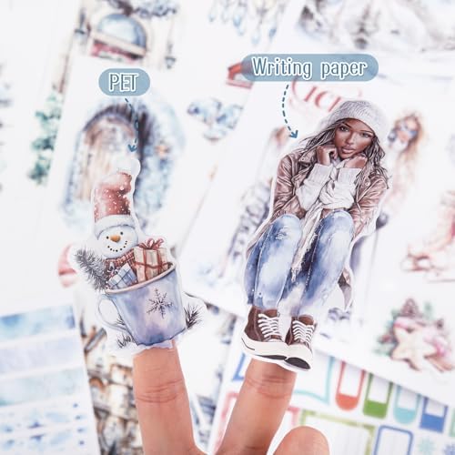 Precut Winter Aesthetic Scrapbook Sticker Book, 20 Sheets People Landscape Animal Snowflake Journaling Supplies for Adults Card Making Collage (Blue)